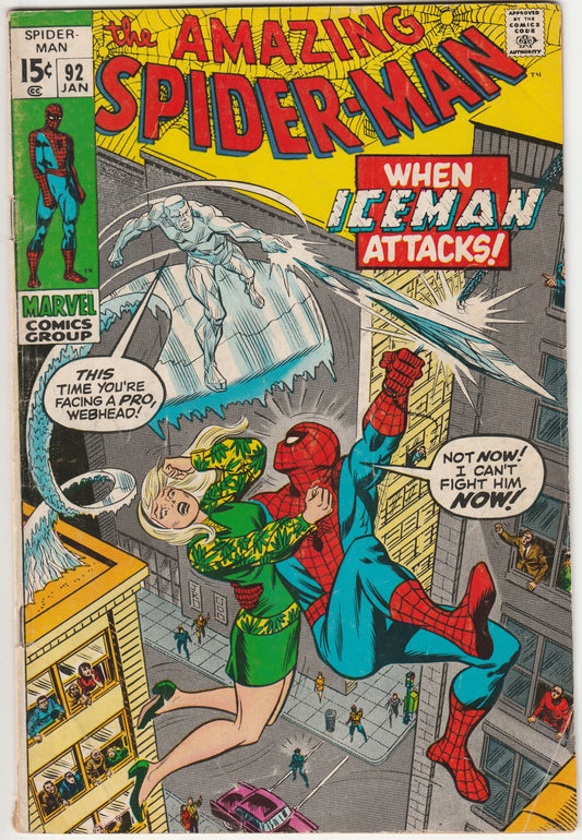 The Amazing Spider-Man #92 | Iceman Cover Appearance | 1971 Marvel Comics