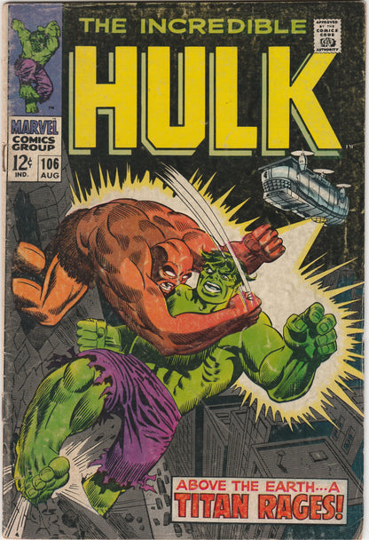The Incredible Hulk #106 Silver Age Marvel Comic GD+ 2.5
